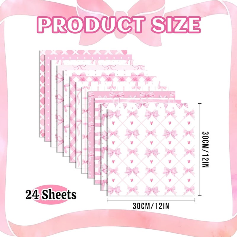 Feivando 24 Sheets Pink Bow Scrapbook Paper 12'' × 12'' Double-Sided Bows Pattern Paper Pink Plaid Decorative Decoupage Cardstock for DIY Card Craft Making Scrapbook Supplies - Image 2